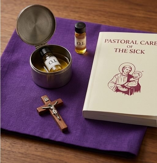 A vessel of the Oil of the Sick, a wooden crucifix, and the Pastoral Care of the Sick ritual book