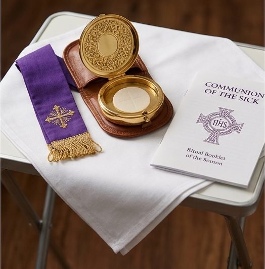 A gold pyx, a purple stole, and a Communion of the Sick ritual booklet laid out on a table