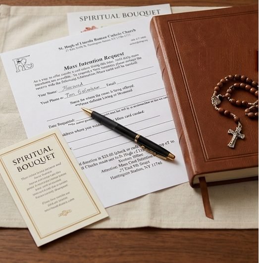 A Mass intention request form, spiritual bouquet cards, and a rosary resting beside them